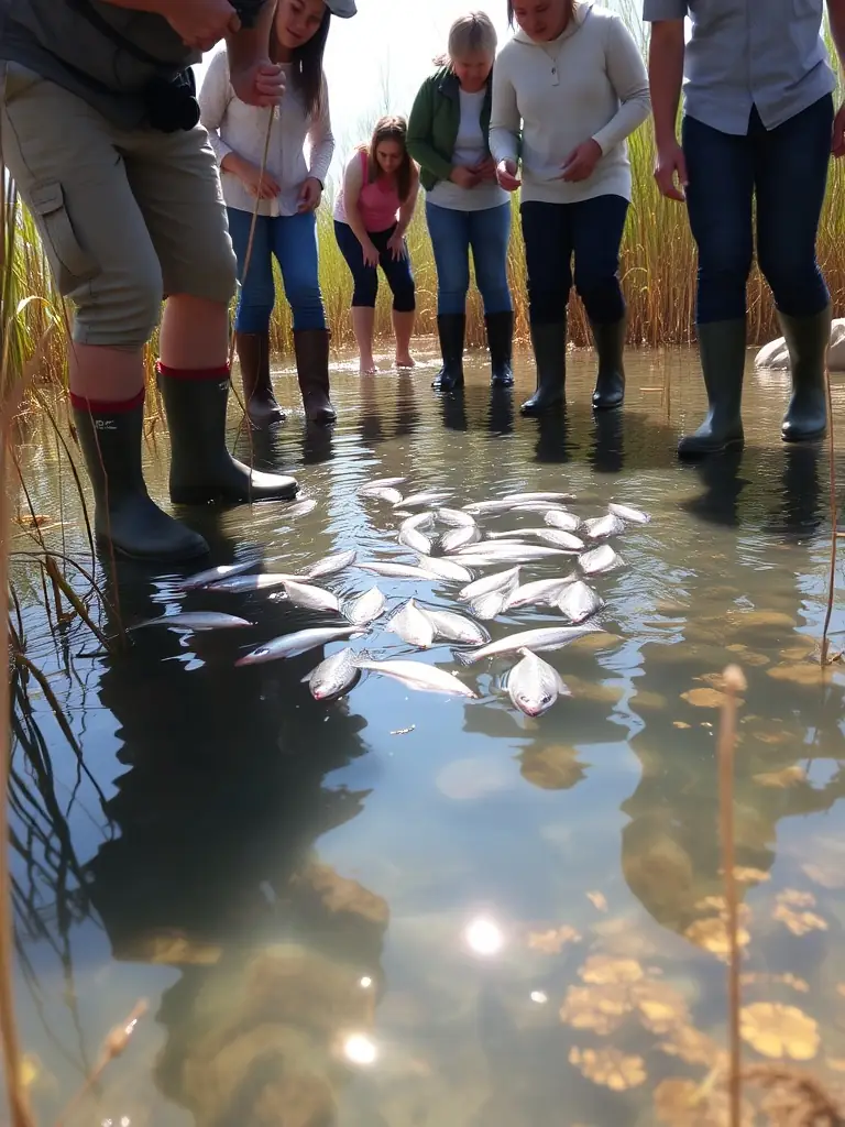 A serene image of volunteers releasing young fish (alevinage) into the communal water body, symbolizing the organization's commitment to restocking and enhancing fish populations.