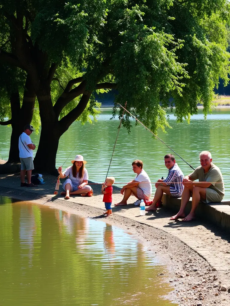 A photo of a community fishing event at the communal water body, showcasing the engagement and enjoyment of participants.