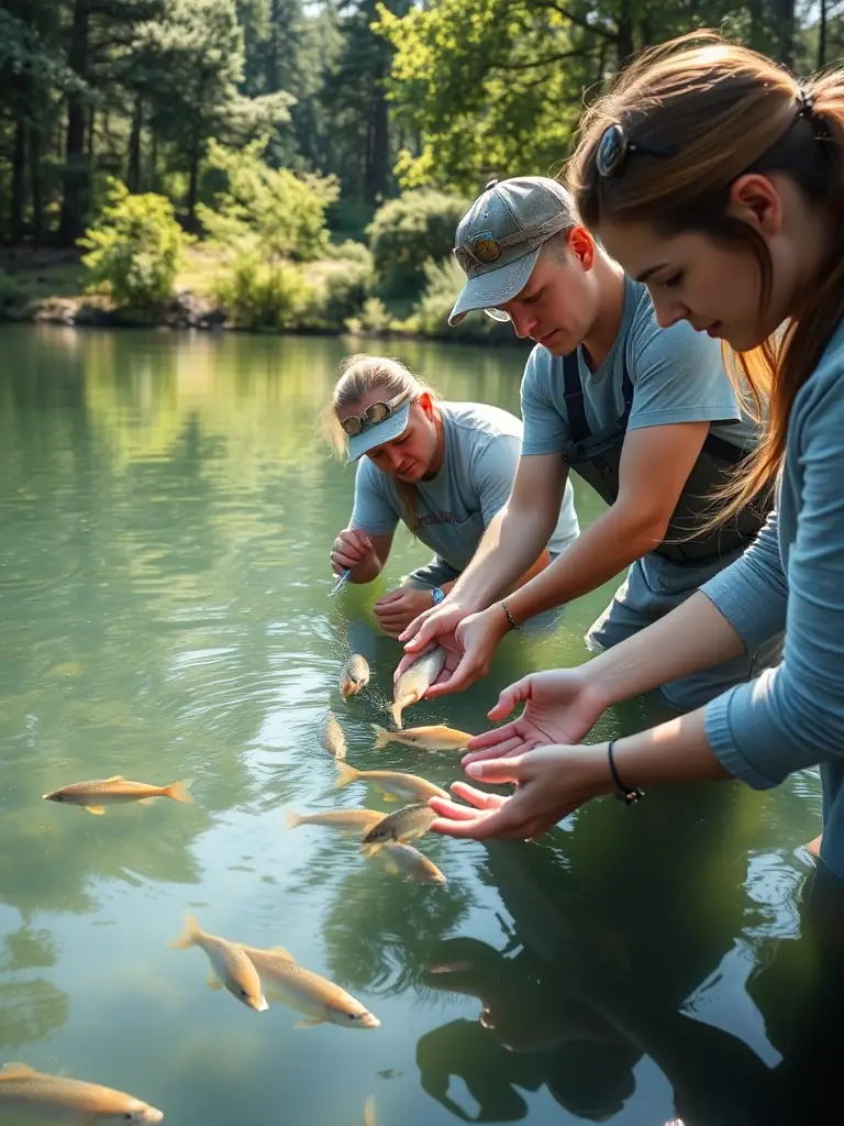 A photo of volunteers releasing young fish into the communal water body, symbolizing the alevinage program of SOCIETE DE PECHE DU PLAN D'EAU COMMUNAL.