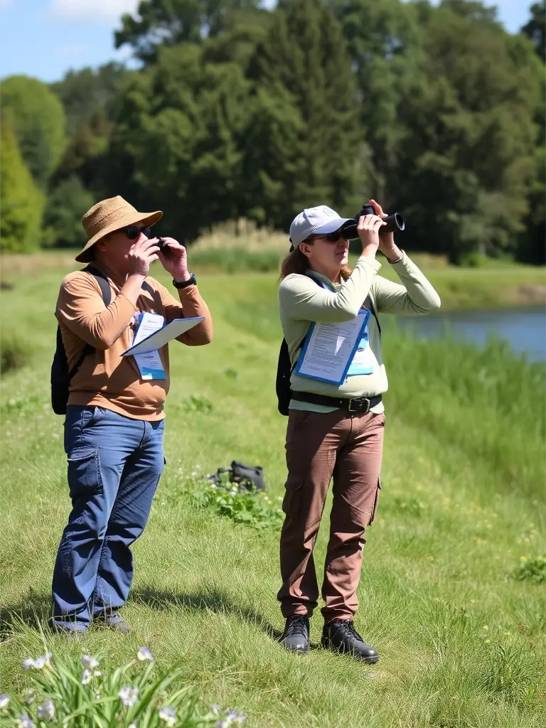 A photograph of members of SOCIETE DE PECHE DU PLAN D'EAU COMMUNAL conducting surveillance along the banks of the communal water body, ensuring compliance with fishing regulations.