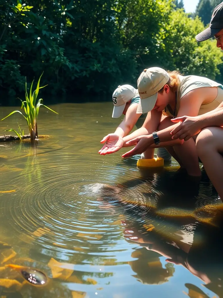 A photo of volunteers releasing young fish into the communal water body, showcasing the alevinage program of SOCIETE DE PECHE DU PLAN D'EAU COMMUNAL.