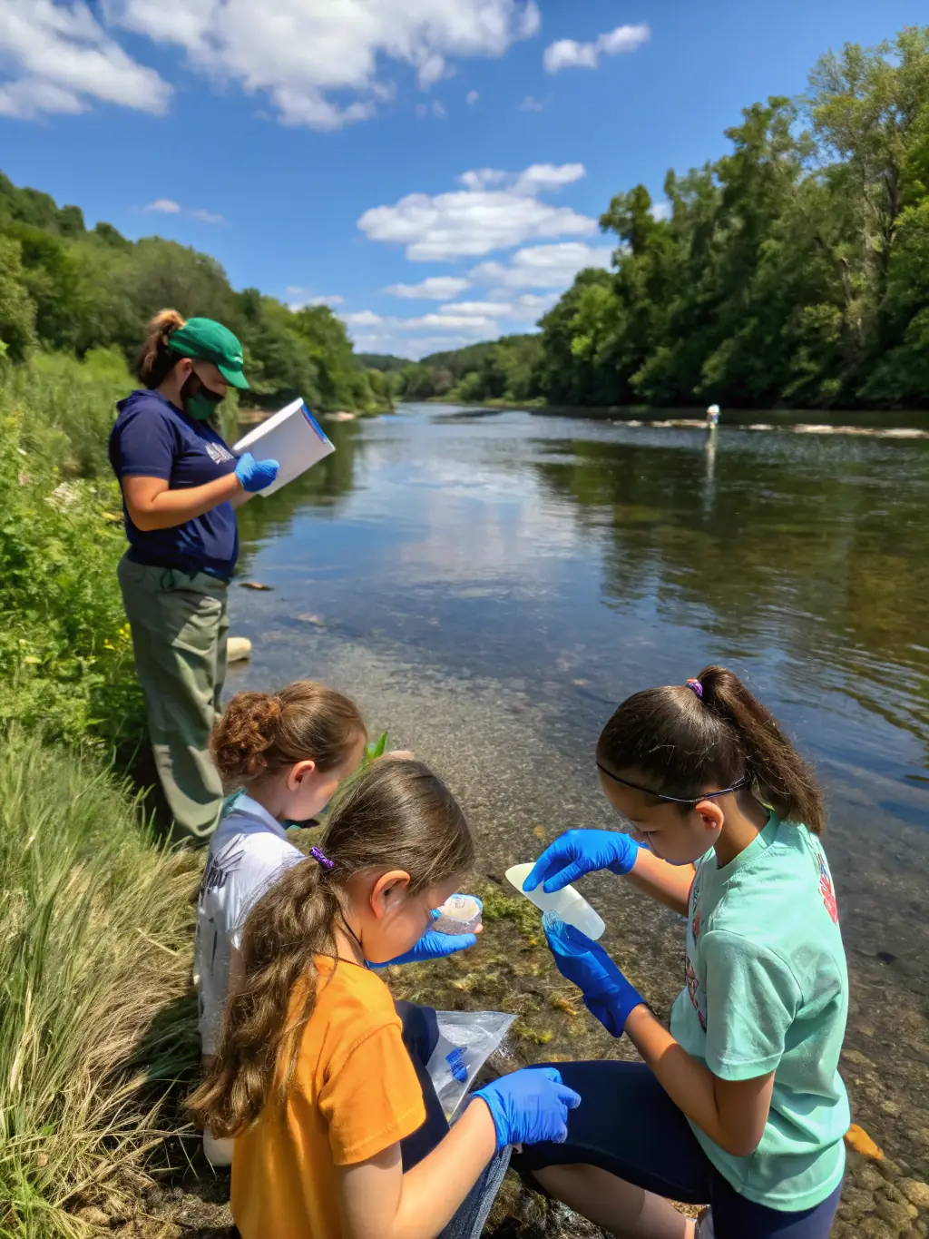 A photo of members of SOCIETE DE PECHE DU PLAN D'EAU COMMUNAL conducting water quality tests at the communal water body.