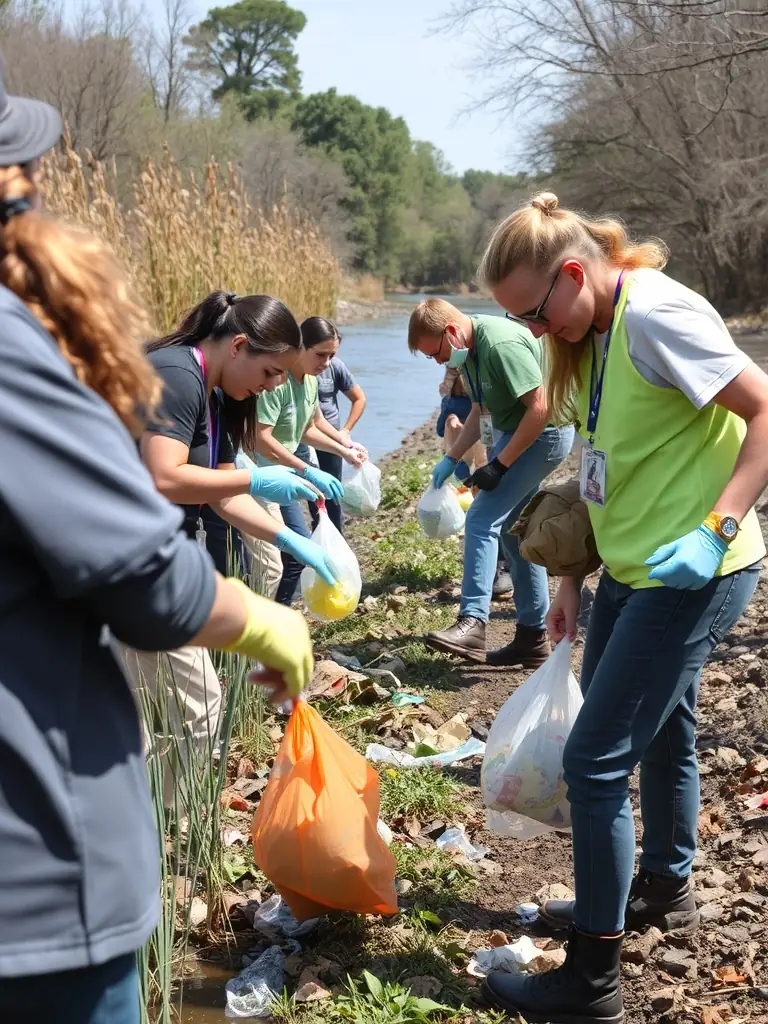 An image depicting a group of members participating in a lake cleanup activity, removing debris and ensuring a clean habitat for fish.