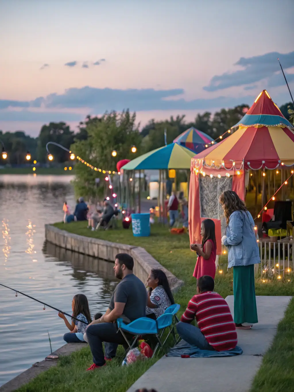 A picture of a community event organized around fishing, showcasing families enjoying the activity and promoting community engagement.