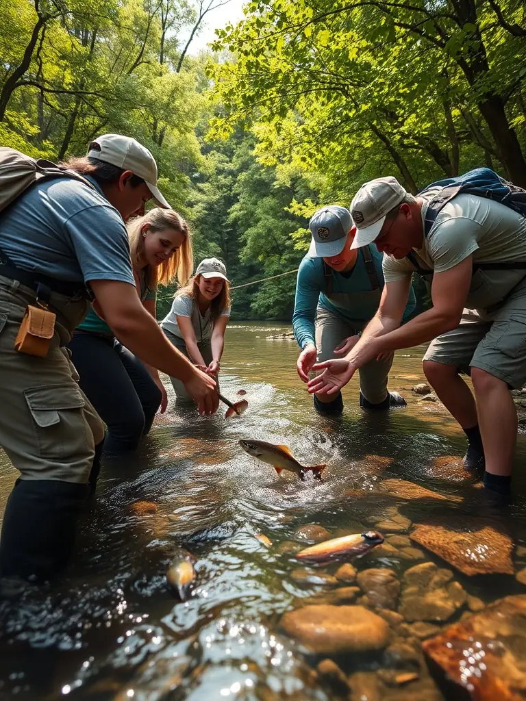 A photograph capturing volunteers releasing young fish into the communal water body, symbolizing the alevinage program.