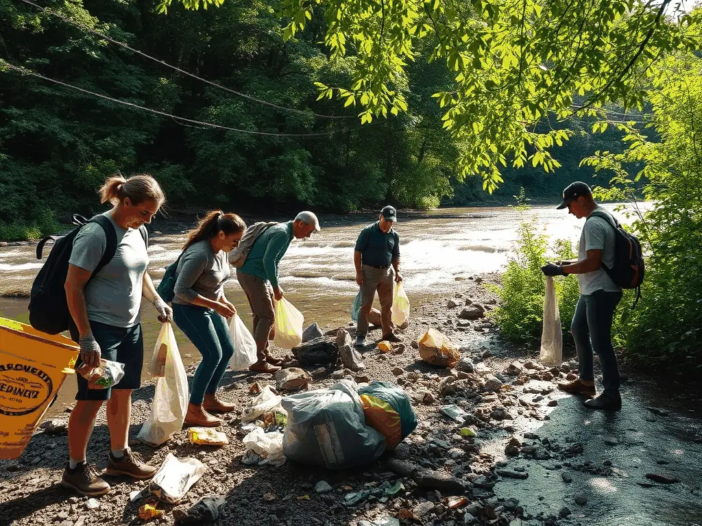 A group of volunteers participating in a river cleanup, removing trash and debris from the riverbank, showcasing community involvement and environmental stewardship.