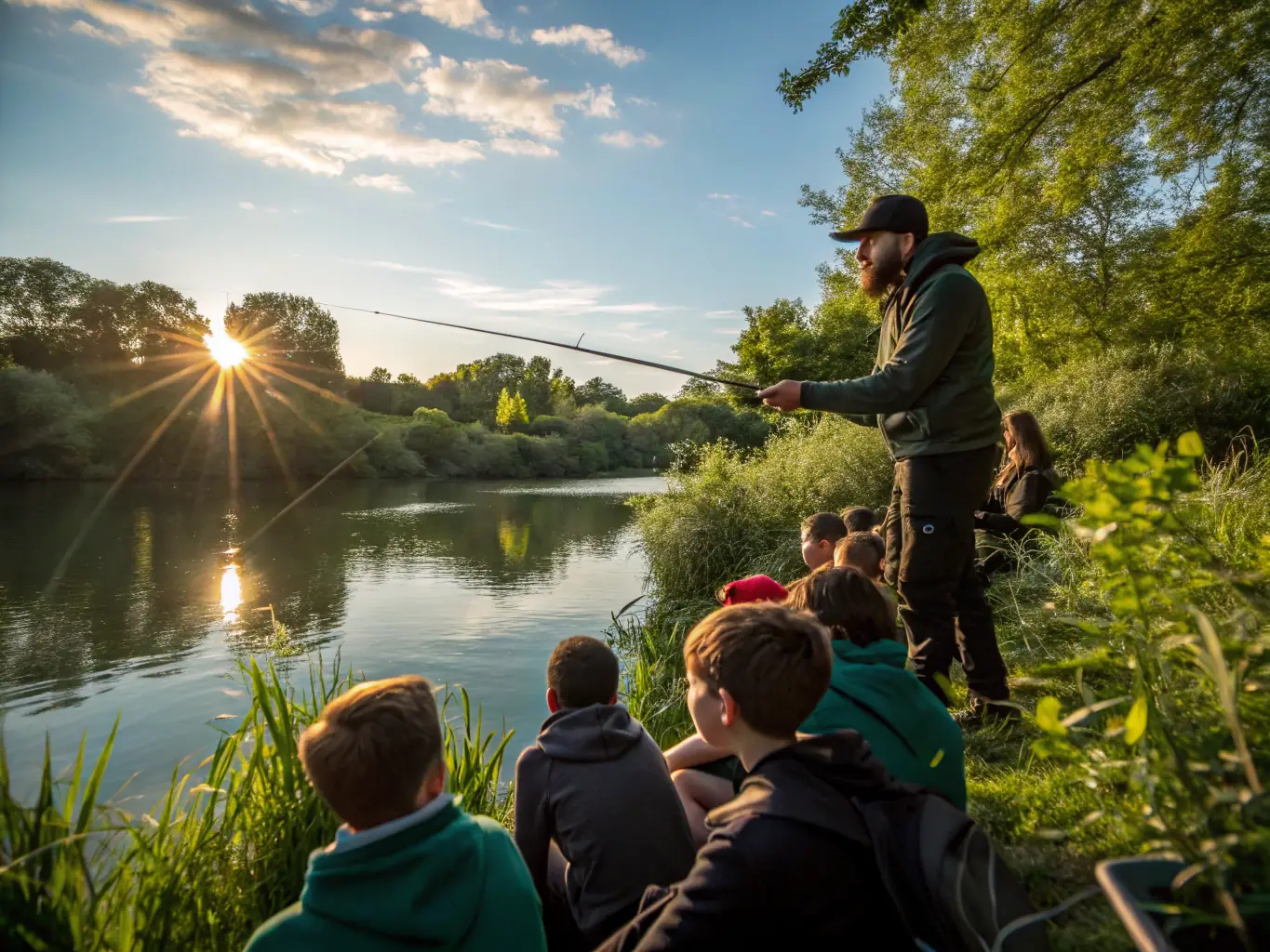 An instructor demonstrating proper fishing techniques to a group of beginners, highlighting skill development and knowledge sharing.